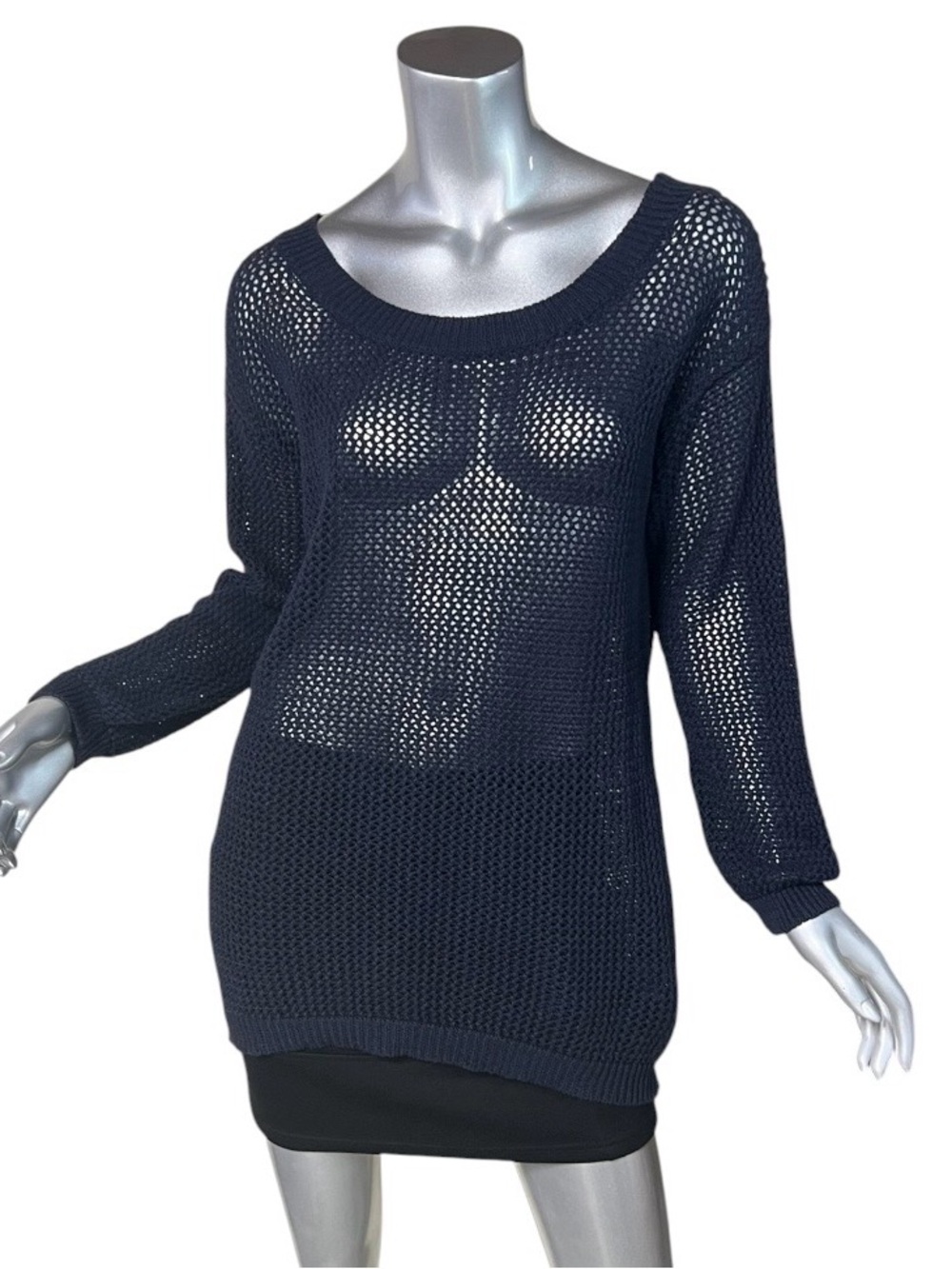 Jones & Co. Women’s Small Navy Blue Scoop Neck Open Knit 3/4 Sleeves Sweater